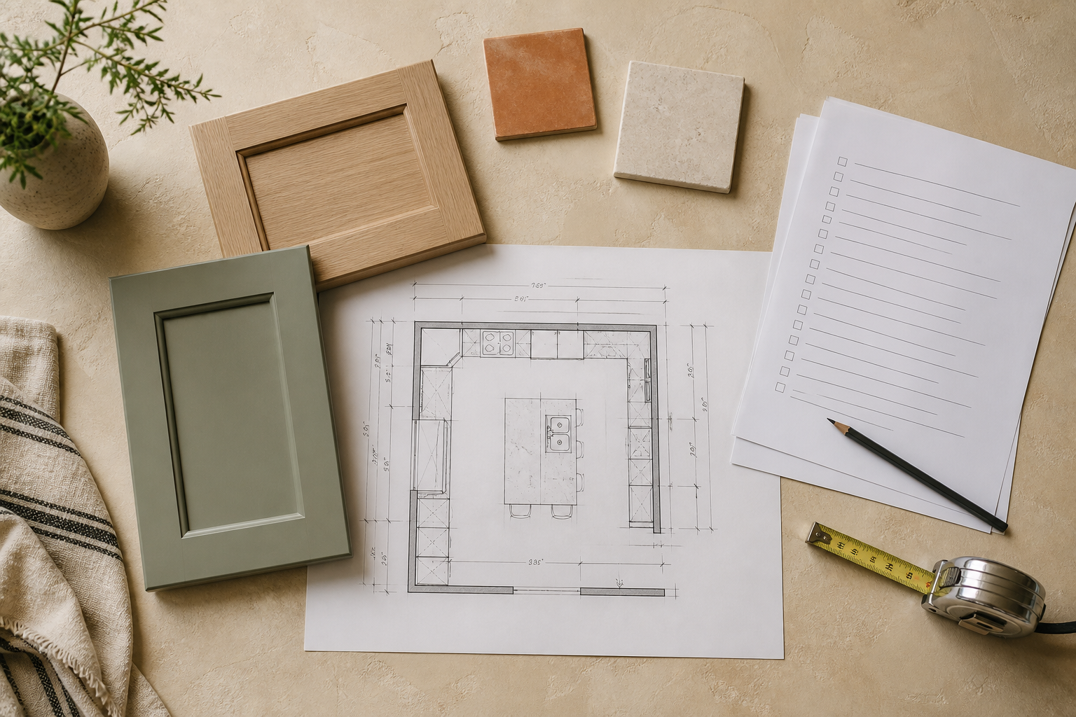 Editorial kitchen planning table with a measured plan, cabinet finish samples, tile, stone and an Albuquerque permit checklist